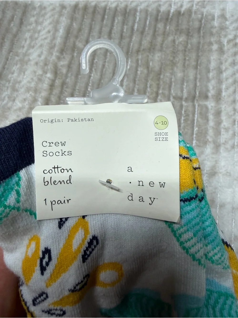 a new day White Crew Socks with Teal Leaves & Yellow Bananas